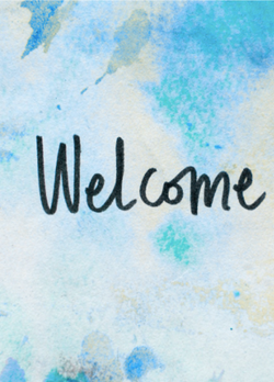 Handgeschriebener Schriftzug Welcome auf hellblauem Hintergrund – Symbol für Offenheit, Vertrauen und den ersten Schritt zu mentaler Gesundheit.